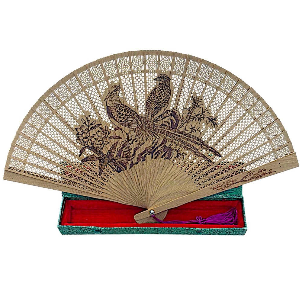 POST 1940s Chinese Folding Fan Vtg Sensu Wood Carved Crane Design - Sealed Box